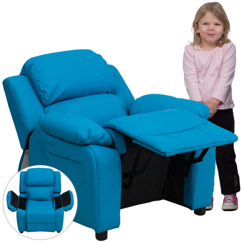 Deluxe Padded Contemporary Kids Recliner with Storage Arms, Vinyl - Turquoise