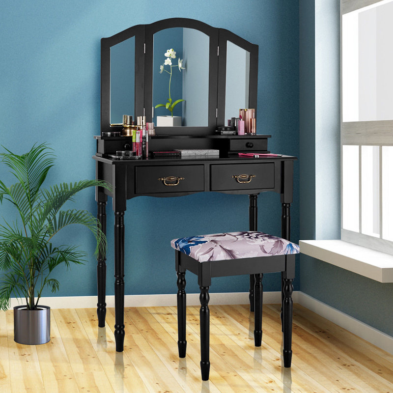 Ensemble coiffeuse avec tabouret et miroir Django, Noir