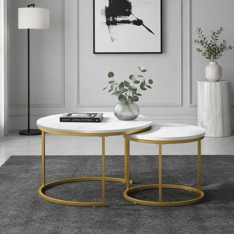 Ensemble de 2 tables basses gigognes 27,6 po, plateau de table rond en marbre et structure en métal robuste, tables d'appoint de table de bout pour le salon, la chambre et le balcon