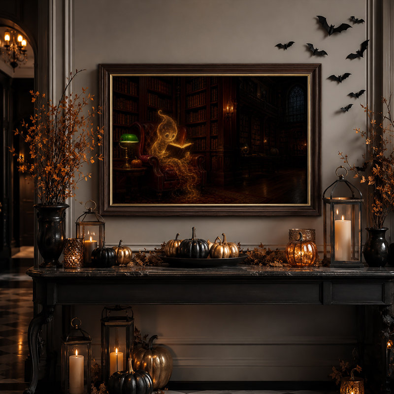 Fantôme lumineux lisant un livre dans une bibliothèque sombre, avec une toile murale d'Halloween, 16"H x 24"W
