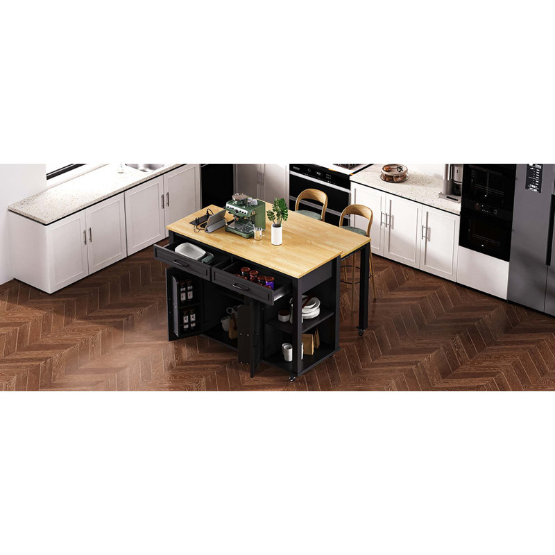 Versatile 47 Inch Kitchen Island With Extendable Dining Table, Internal Storage, Power Outlet, And Multiple Drawers, Black