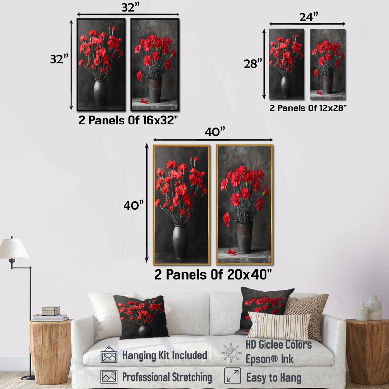 Monochromes rouges, noirs, vifs, œillets, œillets I - œillets, art mural, ensemble de 2 pièces, H 32 po x l 32 po