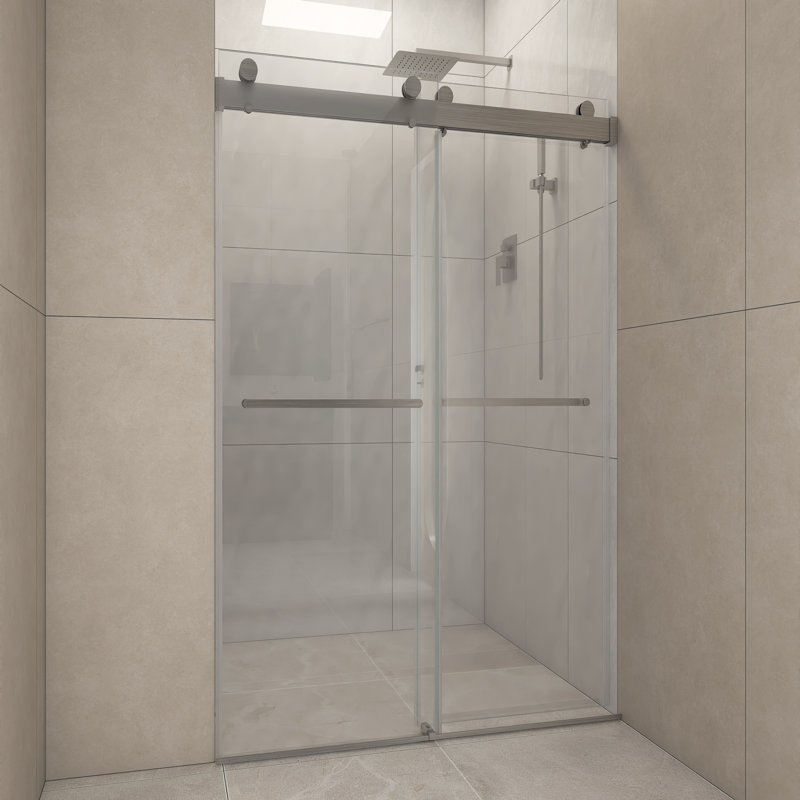 Porte de douche coulissante sans cadre en verre trempé à fermeture en douceur de l 48 po x H 76 po, Nickel brossé