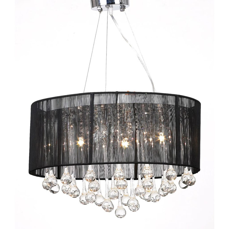 3 - Light Drum Pendant with Crystal Accents, Black