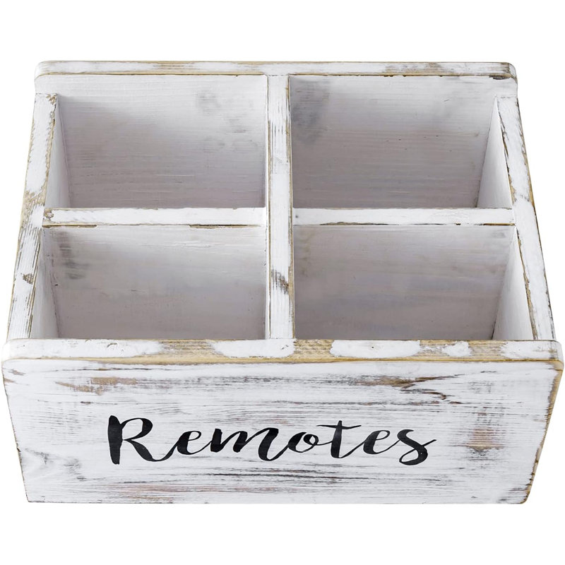 Whitewashed Wood Remote Control Holder Organizer With 4 Compartments, Media Storage Caddy With Cursive REMOTES Design