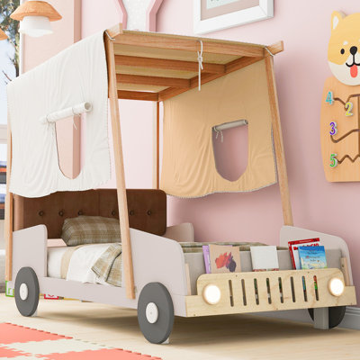 Wood Size Car Bed With Pillow, Ceiling Cloth And LED, by Zoomie Kids