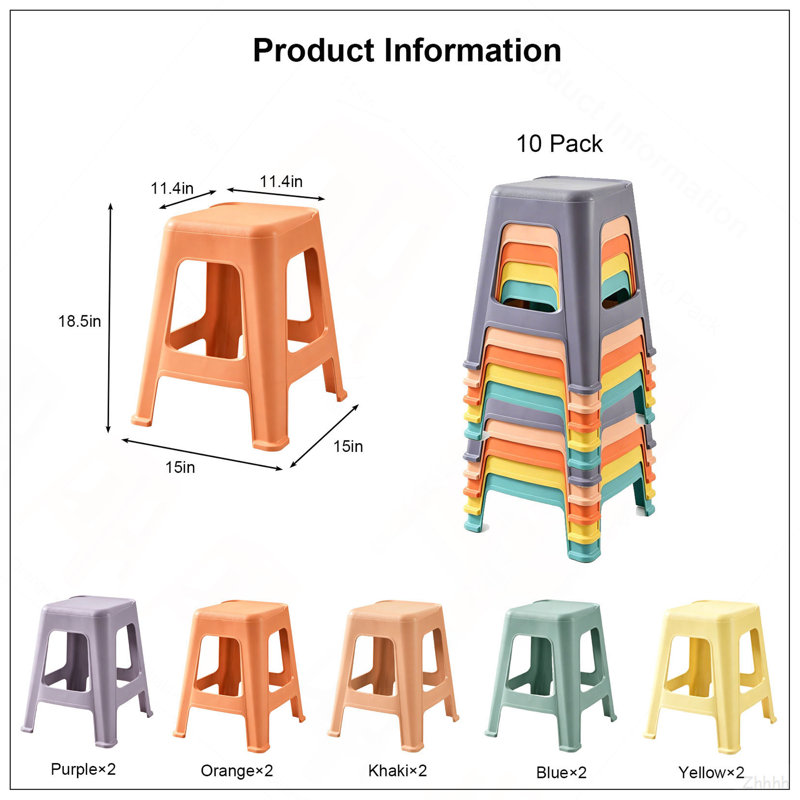 Paquet de 10 tabourets de classe empilables, tabouret gigogne en plastique coloré de 18,8 po de hauteur, chaises portatives sans dossier, siège flexible pour la maternelle, la salle de classe, l'école primaire, l'école intermédiaire, le bureau, la maison