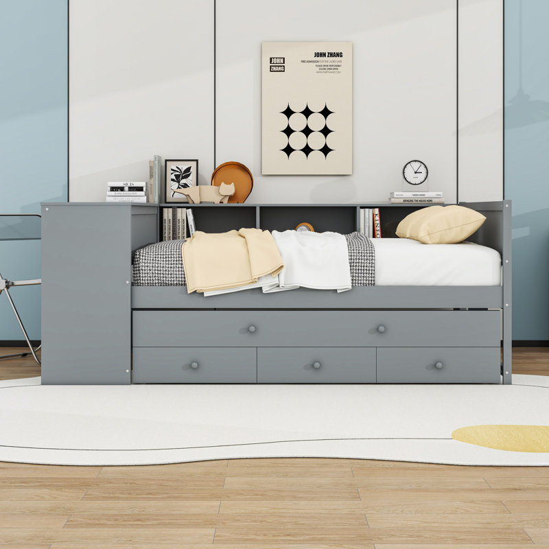 Daybed with Trundle, Storage Drawers, Side Shelves and Desk, Gray, Full/Double