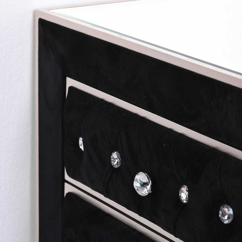 Mitra - Table de chevet miroir et velours avec boutons en cristal de diamant, entièrement assemblée., Noir