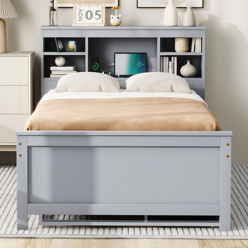 Lit plateforme avec tête de lit avec rangement, Simple, Gris