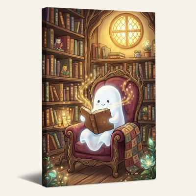 Mignon fantôme lisant un livre magique dans une bibliothèque confortable, art mural d'Halloween