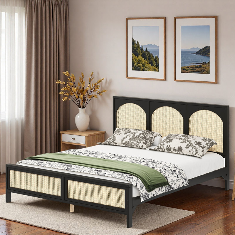 Wood Platform Bed With Rattan Headboard, Black, Queen