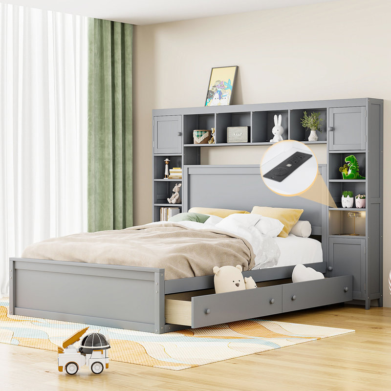 Grand lit stable avec configuration d'armoire, de tablette et de douille - gracieuse grise, Gris, Grand lit