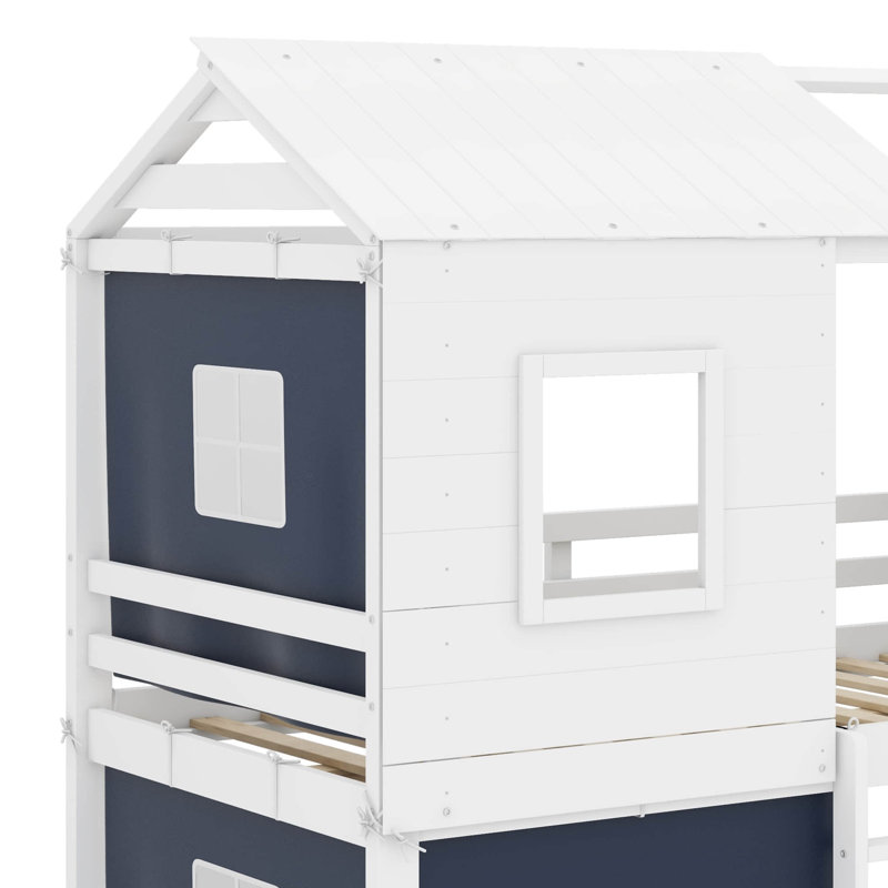 Lit double superposé en bois avec tente, Lit double, Bleu / blanc