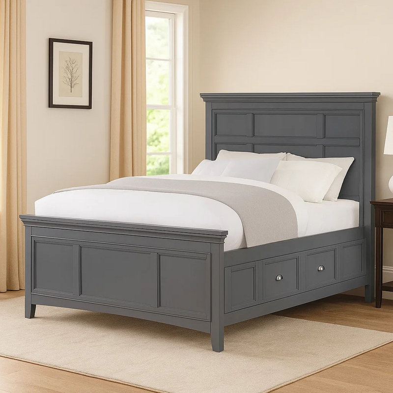 Lit grand Lile avec moulures couronnées, tiroirs de rangement, bois massif gris, Gris / Chrome, Grand