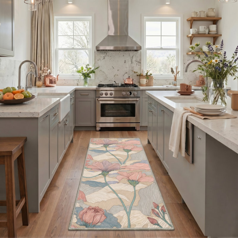 Botanique Floral Machine Washable Beige / Pink / Blue / Green Indoor Area Rug with Non-Slip Backing, Runner 2' x 6'