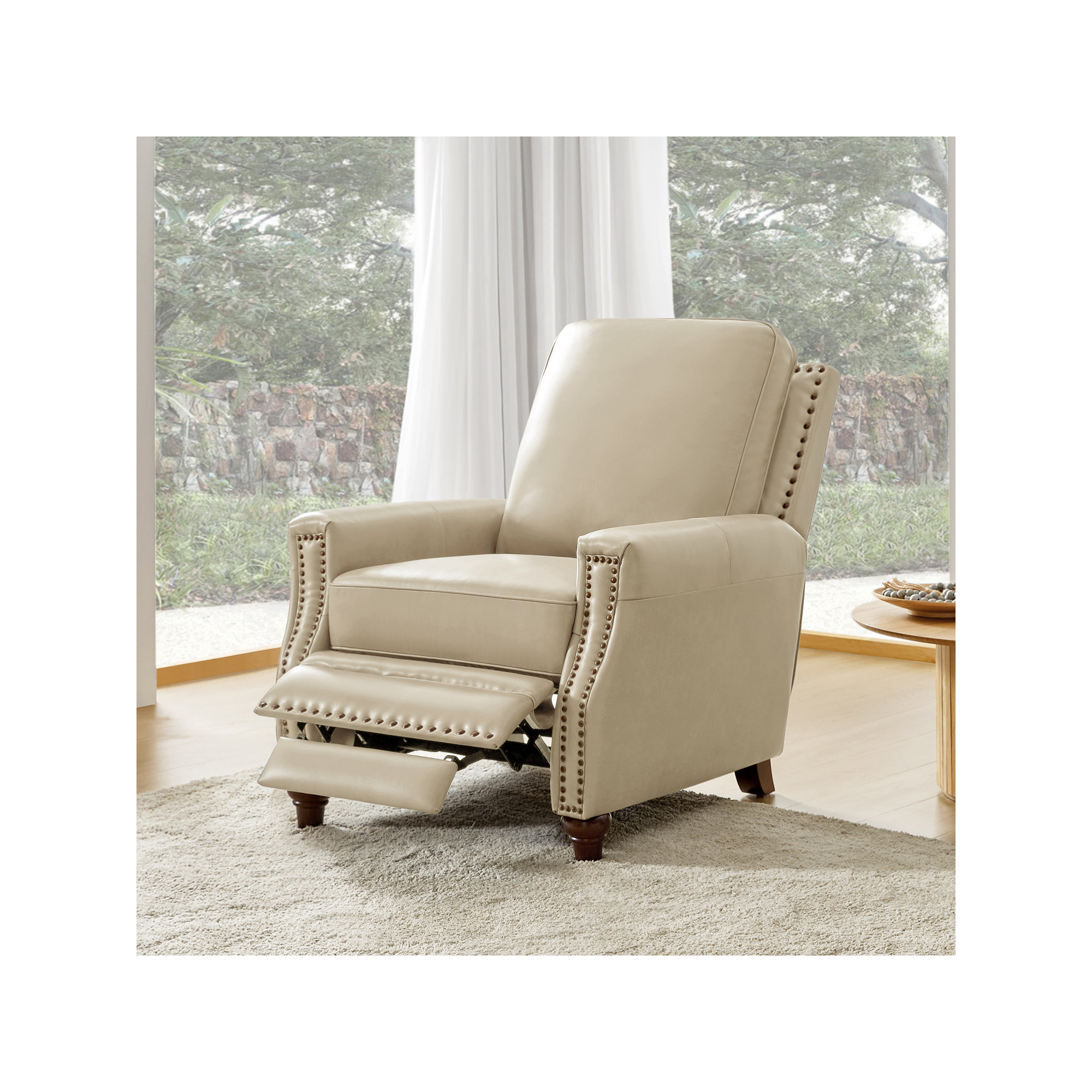Andrena Genuine Leather Recliner with Nailhead Trim, Beige Genuine Leather