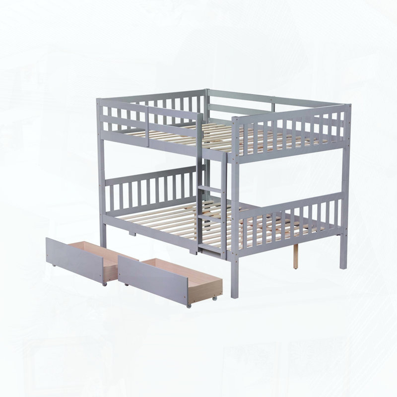 Full Over Full Convertible Bunk Bed with 2 Storage Drawers, Gray, Full / Double