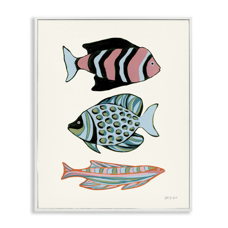  Trio de poissons tropicaux, estampe numérique par Yvette St. Amant, H 20 po x l 16 po, Giclée encadrée blanc bord de mer