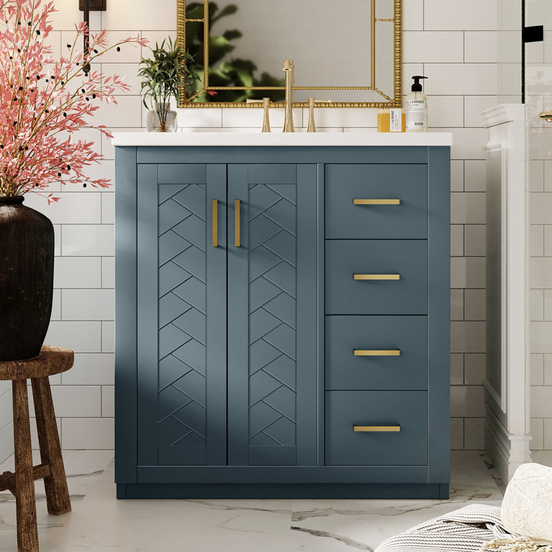 Meuble-lavabo de salle de bain avec lavabo, 3 tiroirs et portes à fermeture douce, Bleu