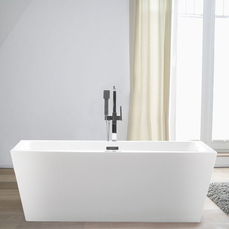 67" x 32" Freestanding Soaking Acrylic Bathtub, White/Titanium Gold