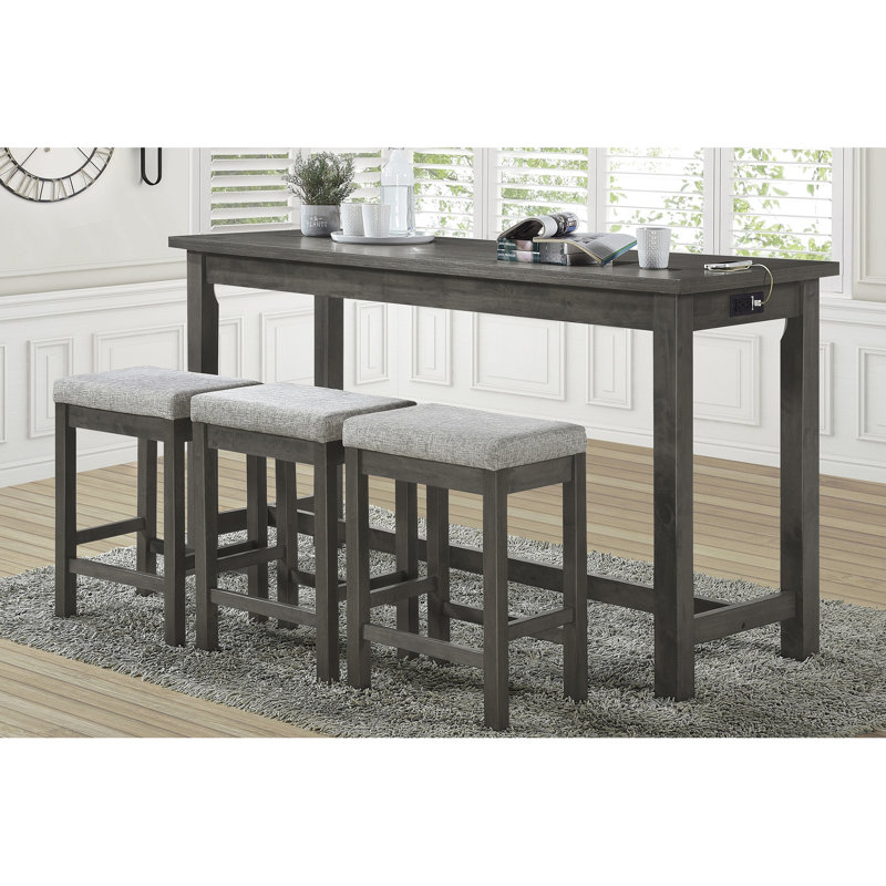 Table de salle à manger à hauteur de comptoir en gris - table 4 pièces avec 3 tabourets intégrés
