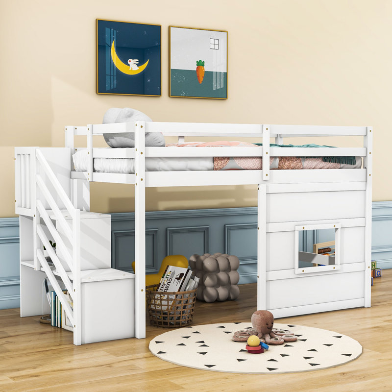 Jahshawn Twin Wood Loft Bed with Storage Staircase and Window, White