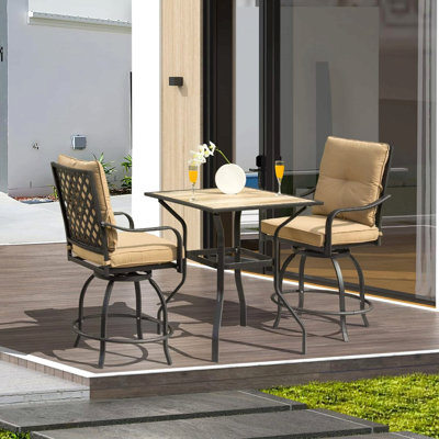 Ensemble de bar d'extérieur 3 pièces avec tabourets pivotants et table pour l'extérieur, ensemble bistro extérieur pour terrasse de jardin avec balcon, chaises hautes avec coussin de siège et coussin de dossier, kaki
