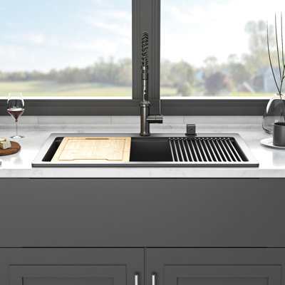 33X22" Black Quartz Workstation Drop - In Kitchen Sink, Made Of Quartz, Eliminates Noise, Hard And Non Scratch Surface, Comes With Installation Accessories Thick Stone For Quietness, Porous Surface