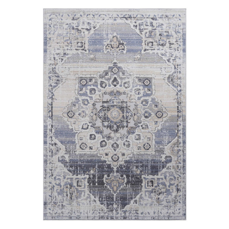 Cream/Blue/Inlaid Non Linting Stain Resistant Area Rugs, Rectangle 7'9" x 10'
