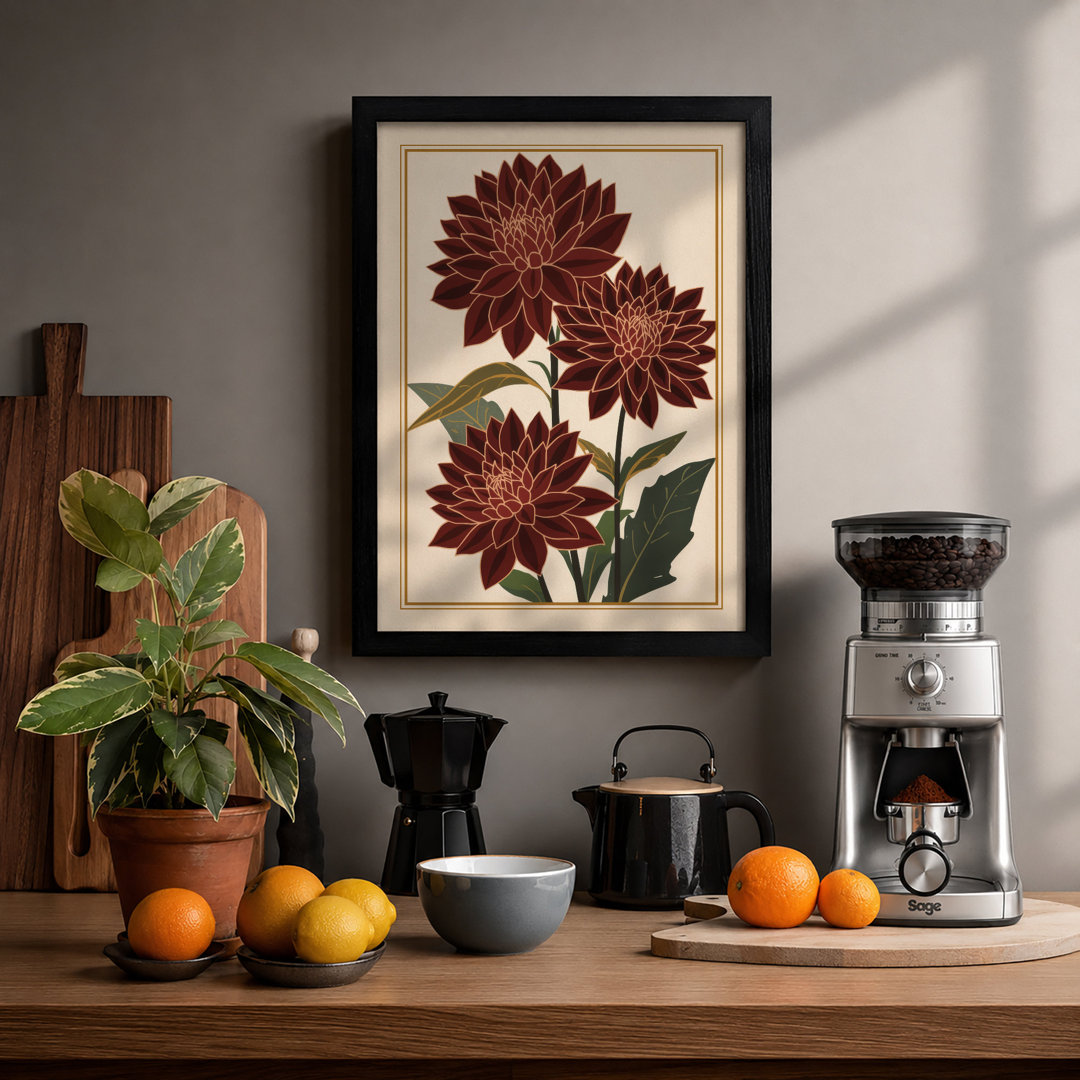 Burgundy Dahlias Botanical - Framed Print