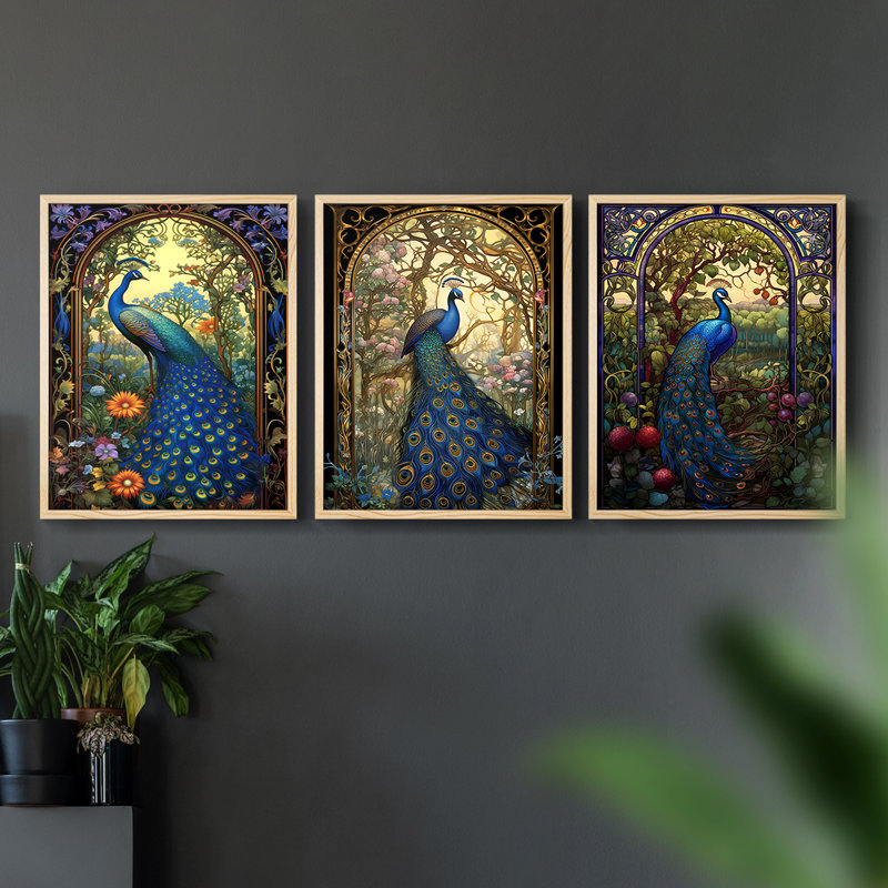 Série Peacock - Ensemble de 3 estampes numériques encadrées - Prêt à être accroché, Encadré naturel, H 28 po x l 22 po
