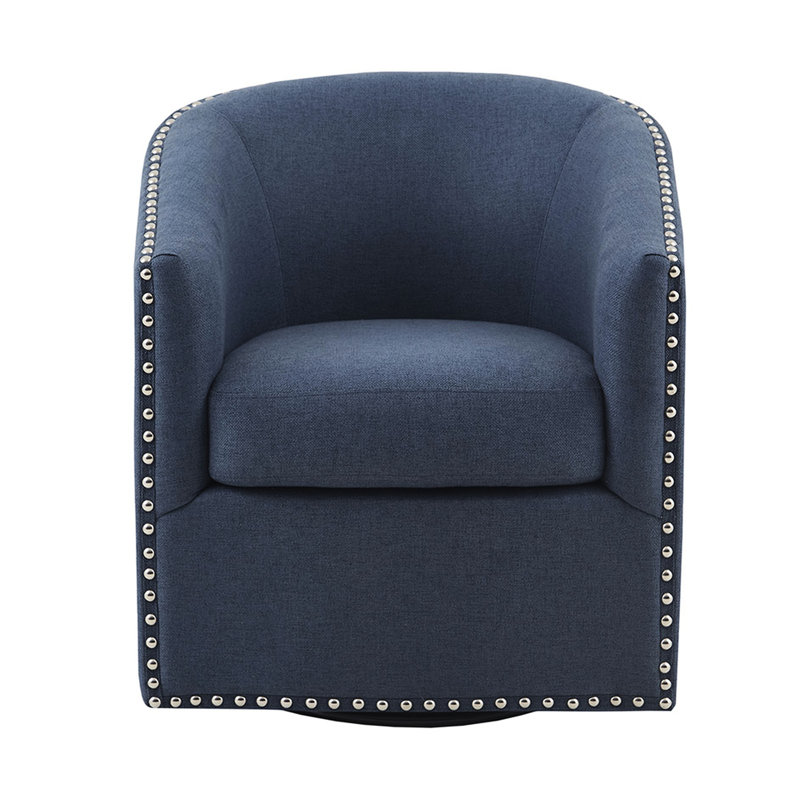 Fauteuil pivotant bleu, avec un élégant clou argenté et un rembourrage en mousse à base noire en métal