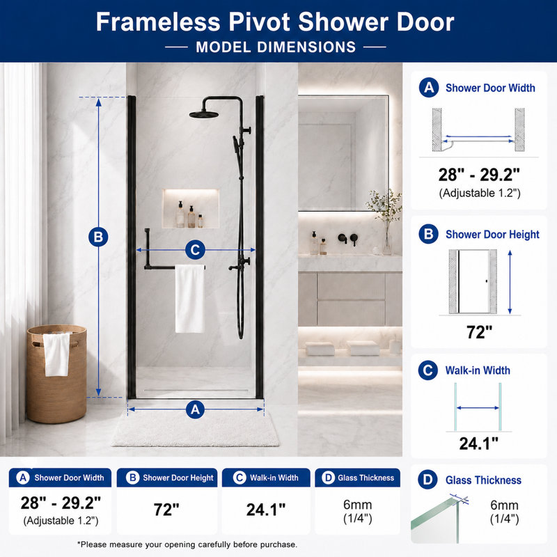 Porte de douche à pivot demi-cadre 28 "à 29,2" x 72 ", verre trempé 1/4", largeur réglable de 1,2 pouce, installation réversible, noir mat