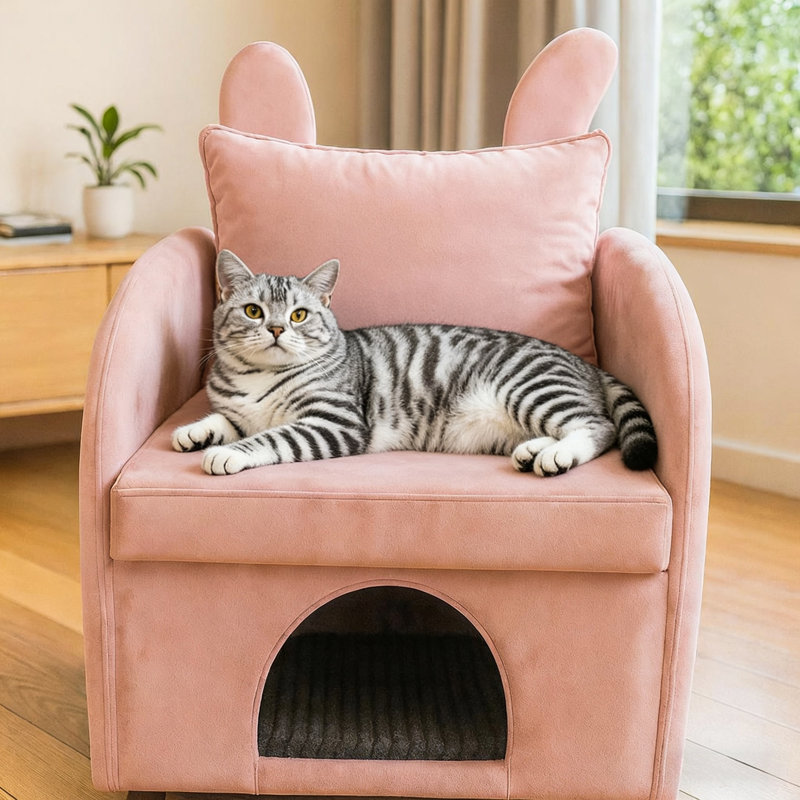 Dual-Purpose Pet Sofa Chair with Hidden Cat Cave, Anti-Scratch Upholstery, 27.4 x 25.2 x 37.4 ",Pink, Pink