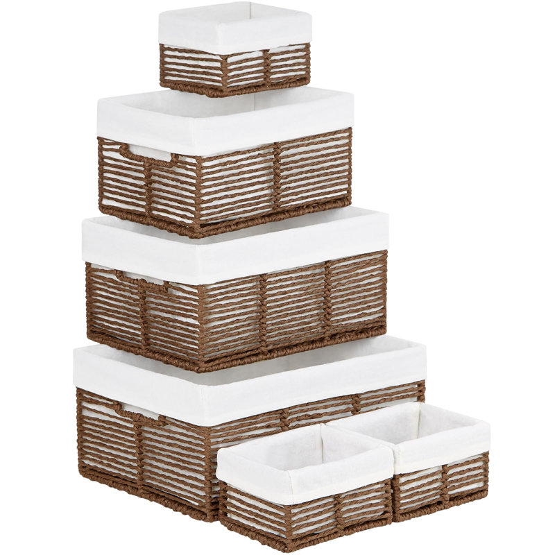 Wicker Storage Baskets, 6 Pack Rectangular Baskets With Handle For Organizing, Cube Storage Bins For Closet/Clothes/Dresser, Brown