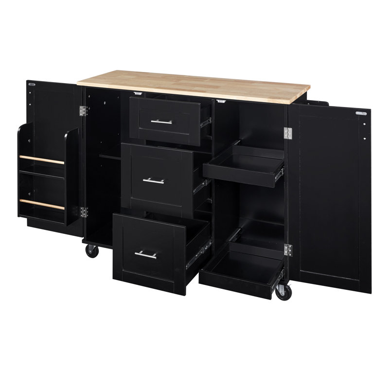Rolling Kitchen Island With Storage, Kitchen Cart With Rubber Wood Top, 3 Drawer, 2 Slide-Out Shelf And Internal Storage Rack, Kitchen Island On Wheels With Spice Rack & Tower Rack, Black