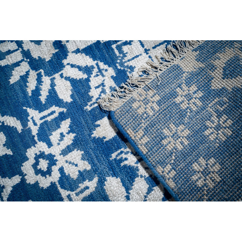 Hand-Knotted Blue Wool Traditional Floral Oushak Area Rug
