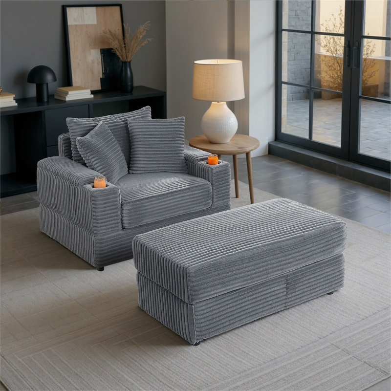Canapé inclinable moderne en velours côtelé avec fauteuil et repose-pieds, Gris