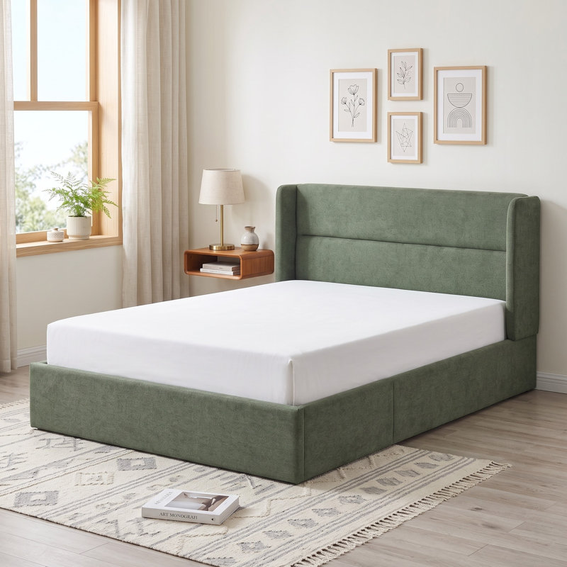 Lit plateforme tapissier avec rangement Gaillarde, Double, Vert forêt
