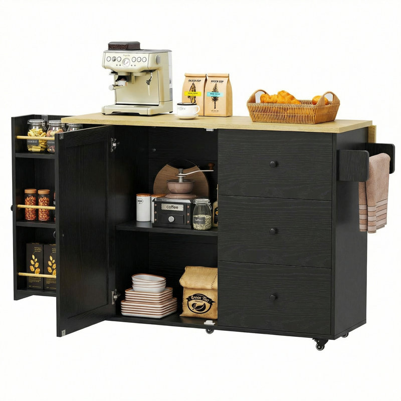 47.2" Transitional Style Kitchen Island With Drop Leaf And Storage, Rolling Kitchen Cart On Wheels With 3 Drawers And Cabinets, Coffee Station