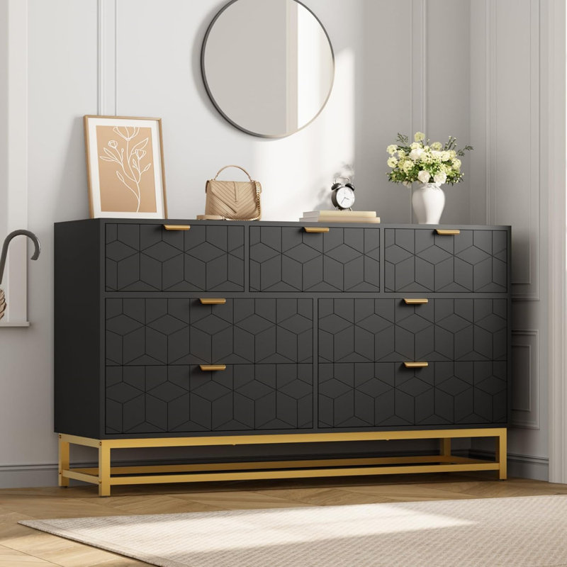 Commode pour chambre à coucher, organisateur de commode de 53,5 po de largeur, 7 tiroirs avec poignée et pieds en métal doré, commode moderne pour placard, couloir, salon, entrée, noir