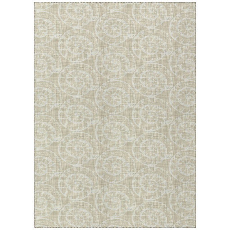 Tapis intérieur / extérieur en polyester tissé à la machine géométrique beige, Rectangle de 10 pi x 14 pi