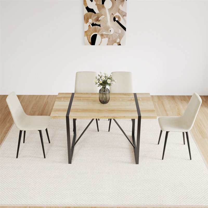 Ensemble de table de salle à manger 5 pièces avec base en métal, une table de salle à manger et chaises en lin, Beige