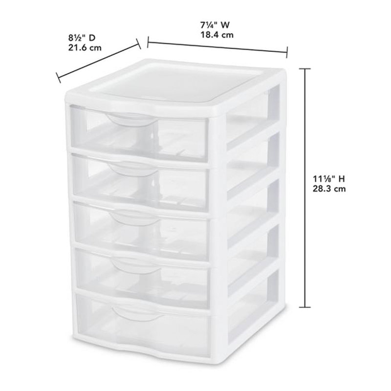 Petit système de bac de rangement en plastique 5 tiroirs Sterilite Clearview