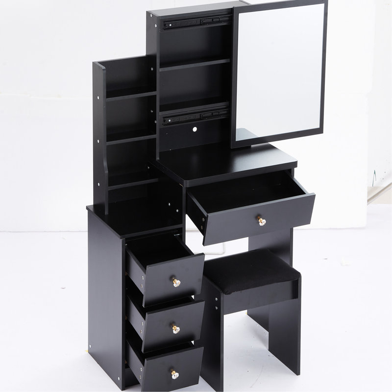 Meuble-lavabo noir American Design avec tabouret rembourré et très grand miroir, Noir