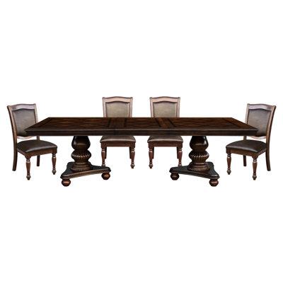 Elegant Dining Room 5pc Ensemble: Table With Leaf & 4 Chairs, Brown Faux Leather, Wood Veneer, Extendable Feature, Seating For Classic Cherry : Rectangular Table, Frame, Double Pedestal Base,
