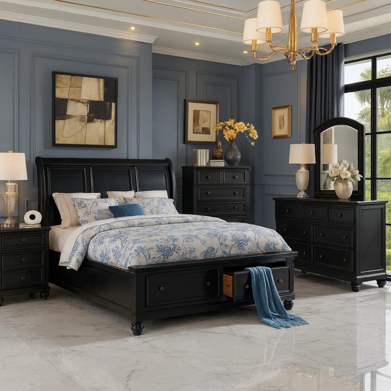 Ben Four Piece Queen Size Bedroom Set, Transitional Style, Black, Bronze, Black