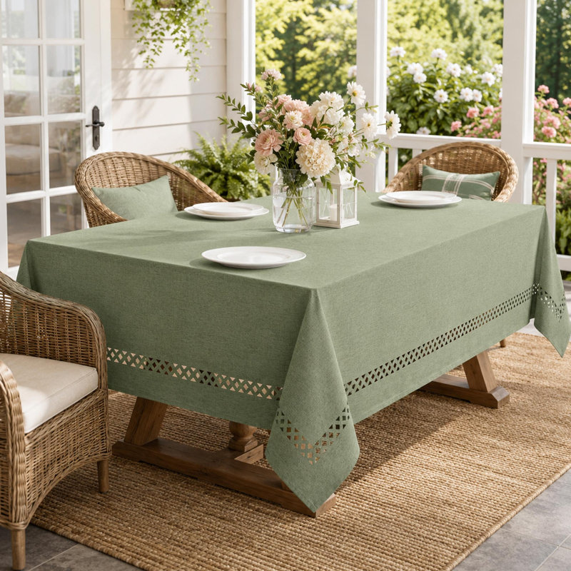 Nappe en lin vert sauge avec bordure découpée décorative