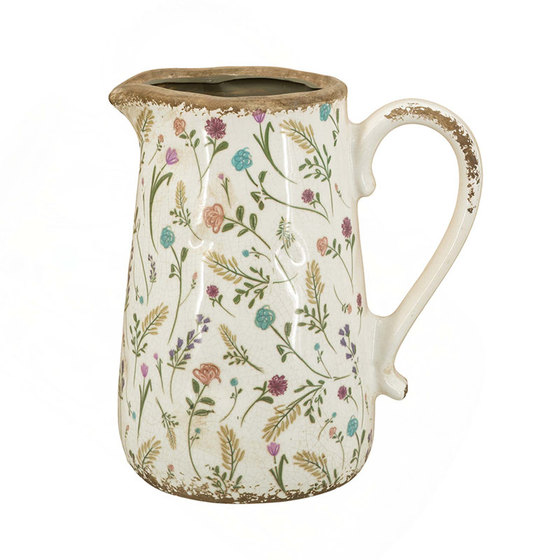 8.1X5.7X9.1" Round Ceramic Pitcher Vase With Multi-Colored Floral Motifs, 9.1" H x 8.1" W x 5.7" D, Multicolor